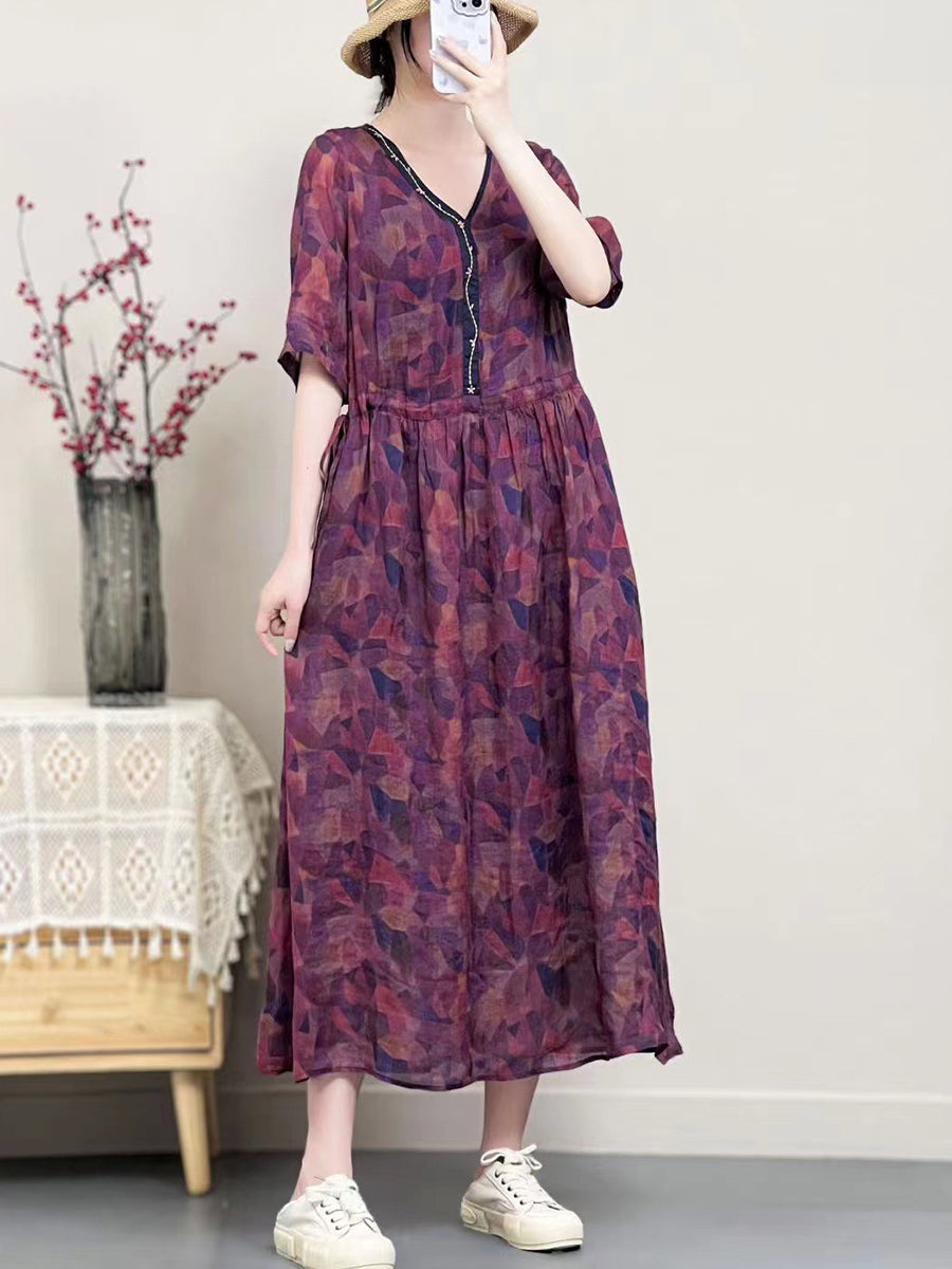 Women Vintage Summer Floral Ramie V-Neck Dress SC1001 Ada Fashion