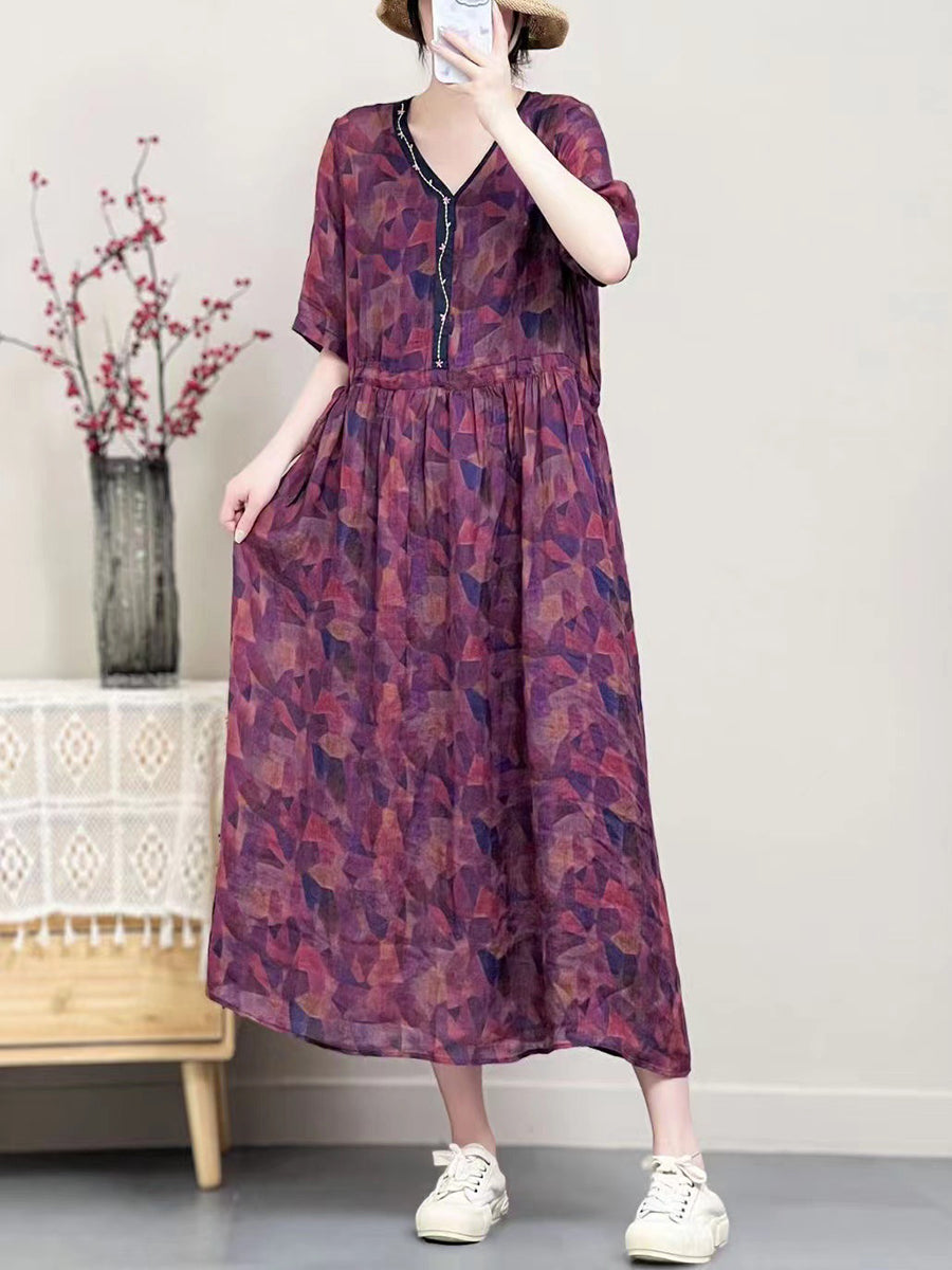 Women Vintage Summer Floral Ramie V-Neck Dress SC1001 Ada Fashion