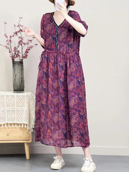 Women Vintage Summer Floral Ramie V-Neck Dress SC1001 Ada Fashion