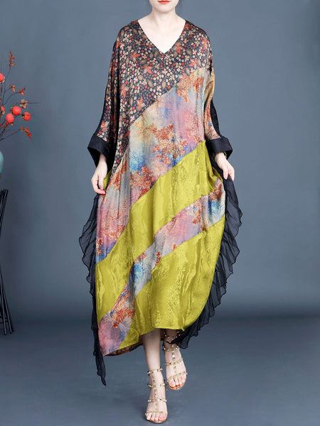Women Summer Artsy Floral Spliced V-Neck Dress SC1006 Ada Fashion