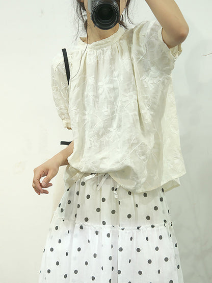 Women Summer Vintage Jacquard Solid Linen Shirt SC1010 Ada Fashion