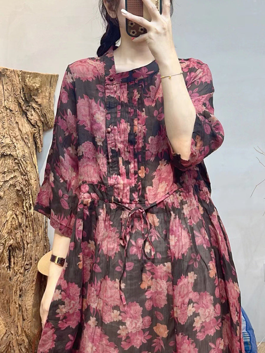 Women Summer Vintage Flower Ramie Loose Dress SC1020 Ada Fashion