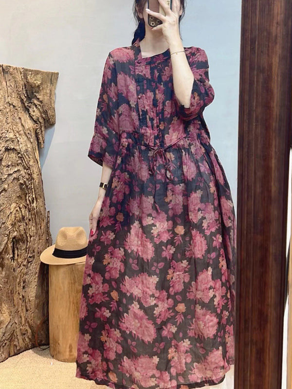 Women Summer Vintage Flower Ramie Loose Dress SC1020 Ada Fashion