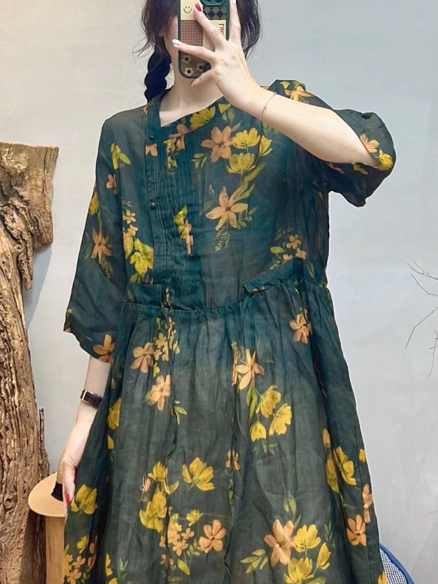 Women Summer Vintage Flower Ramie Loose Dress SC1020 Ada Fashion