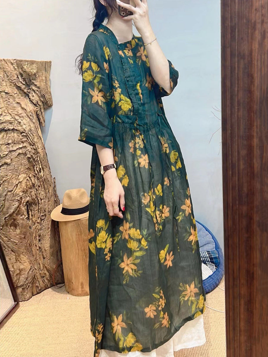 Women Summer Vintage Flower Ramie Loose Dress SC1020 Ada Fashion