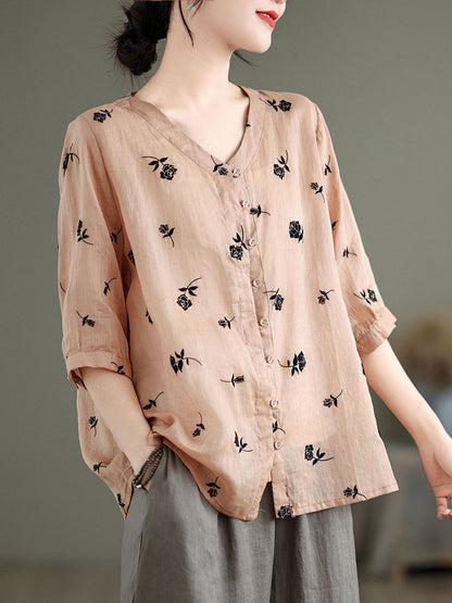 Women Spring Vintage Floral Ramie Button-up Shirt SC1024 Ada Fashion