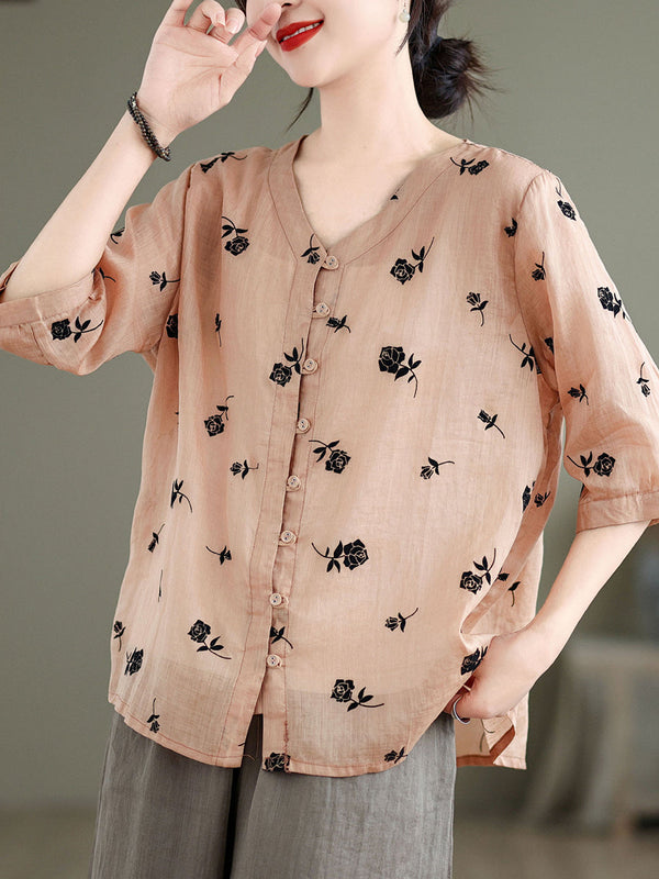 Women Spring Vintage Floral Ramie Button-up Shirt SC1024 Ada Fashion