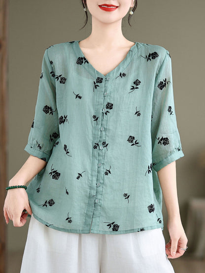 Women Spring Vintage Floral Ramie Button-up Shirt SC1024 Ada Fashion