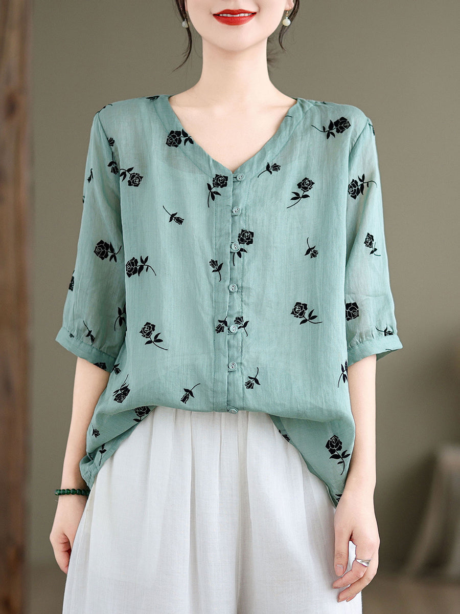 Women Spring Vintage Floral Ramie Button-up Shirt SC1024 Ada Fashion