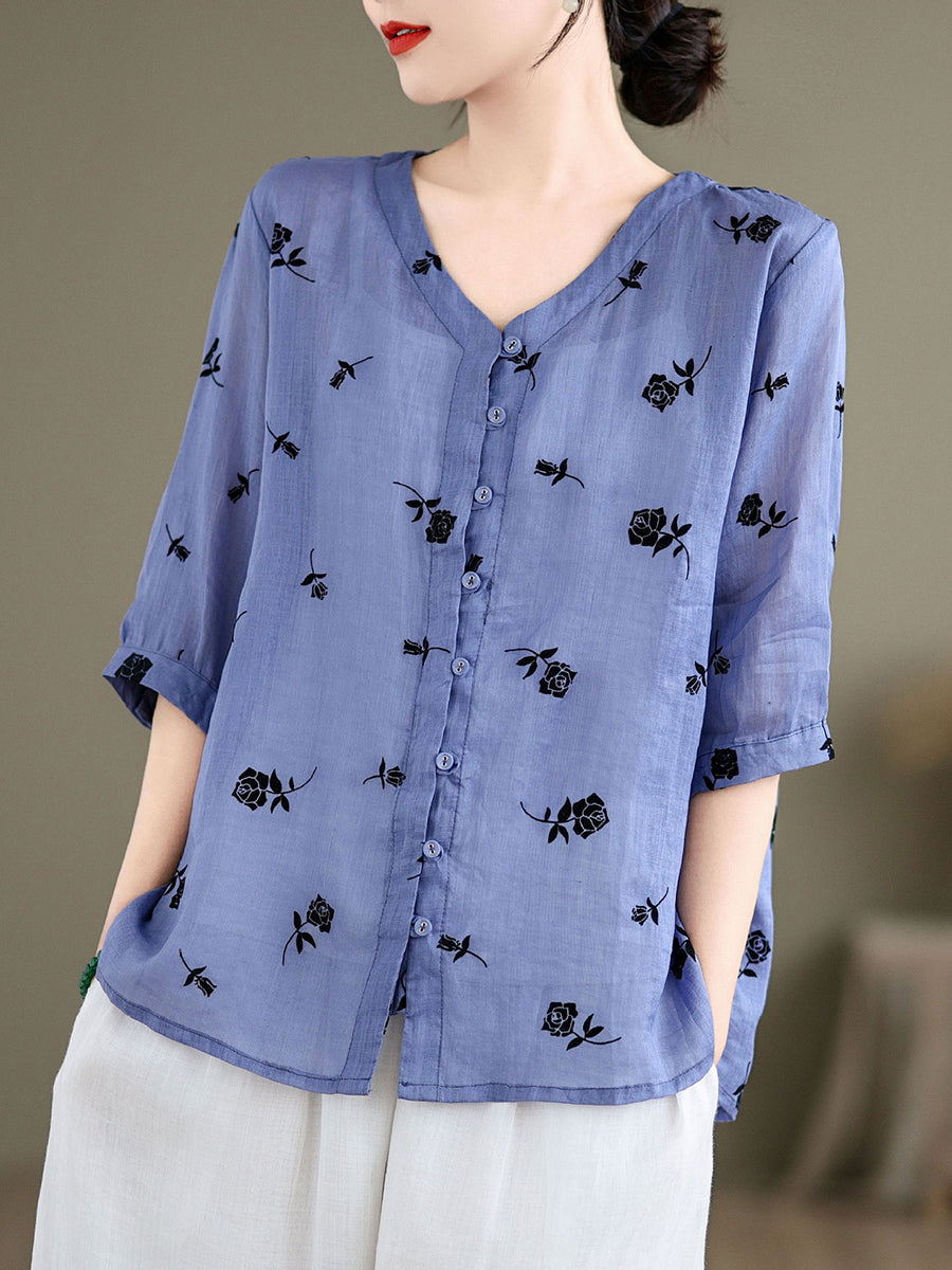 Women Spring Vintage Floral Ramie Button-up Shirt SC1024 Ada Fashion