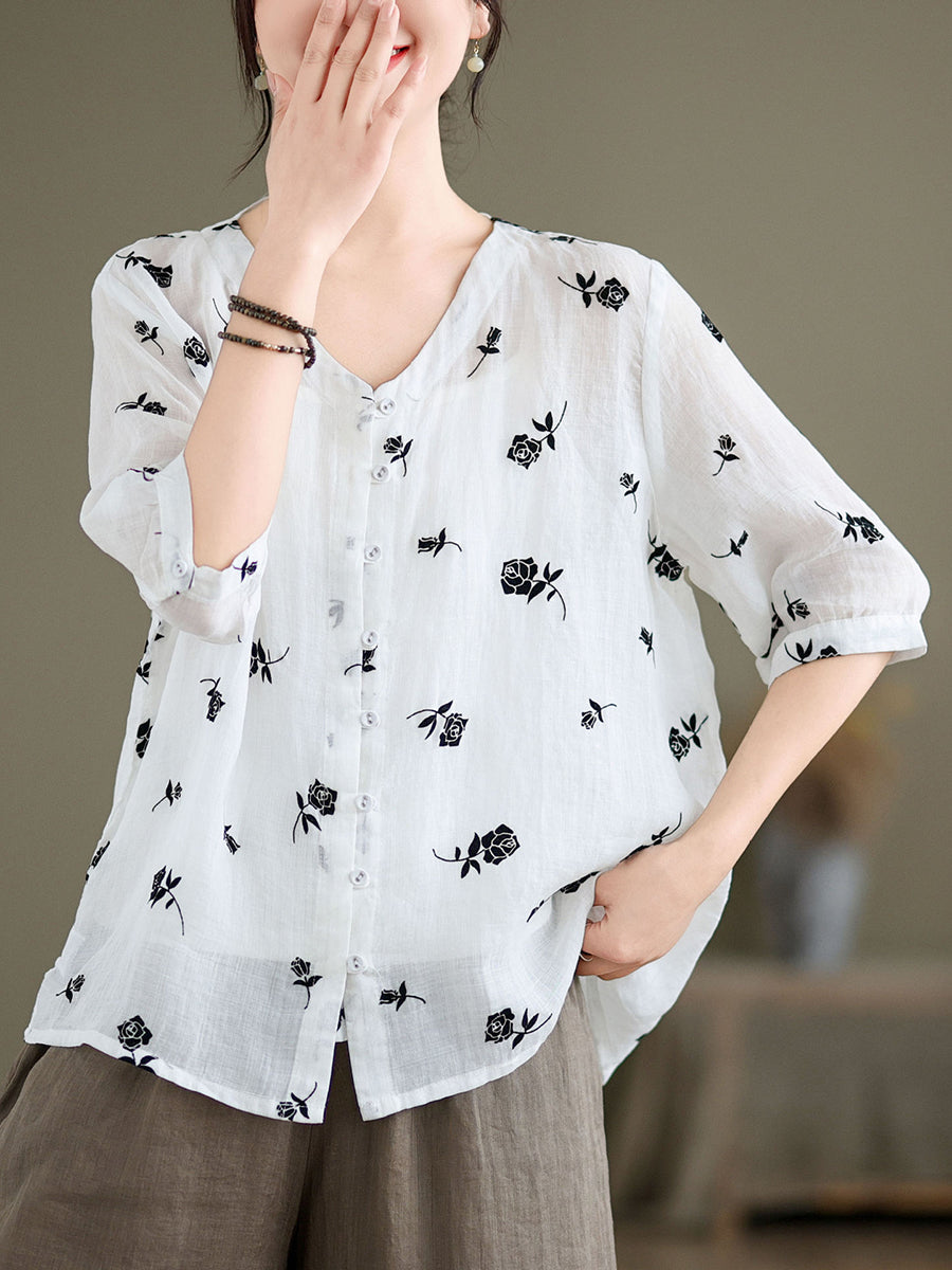 Women Spring Vintage Floral Ramie Button-up Shirt SC1024 Ada Fashion