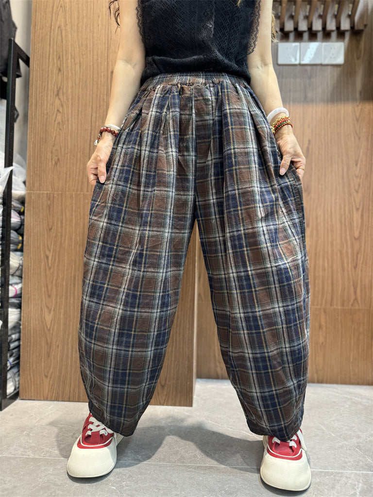 Plus Size Women Vintage Summer Plaid Cotton Linen Harem Pants SC1030 Ada Fashion
