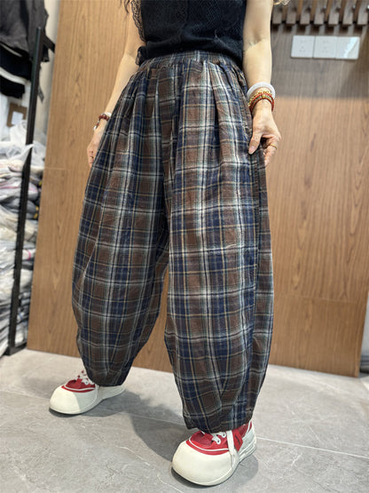 Plus Size Women Vintage Summer Plaid Cotton Linen Harem Pants SC1030 Ada Fashion