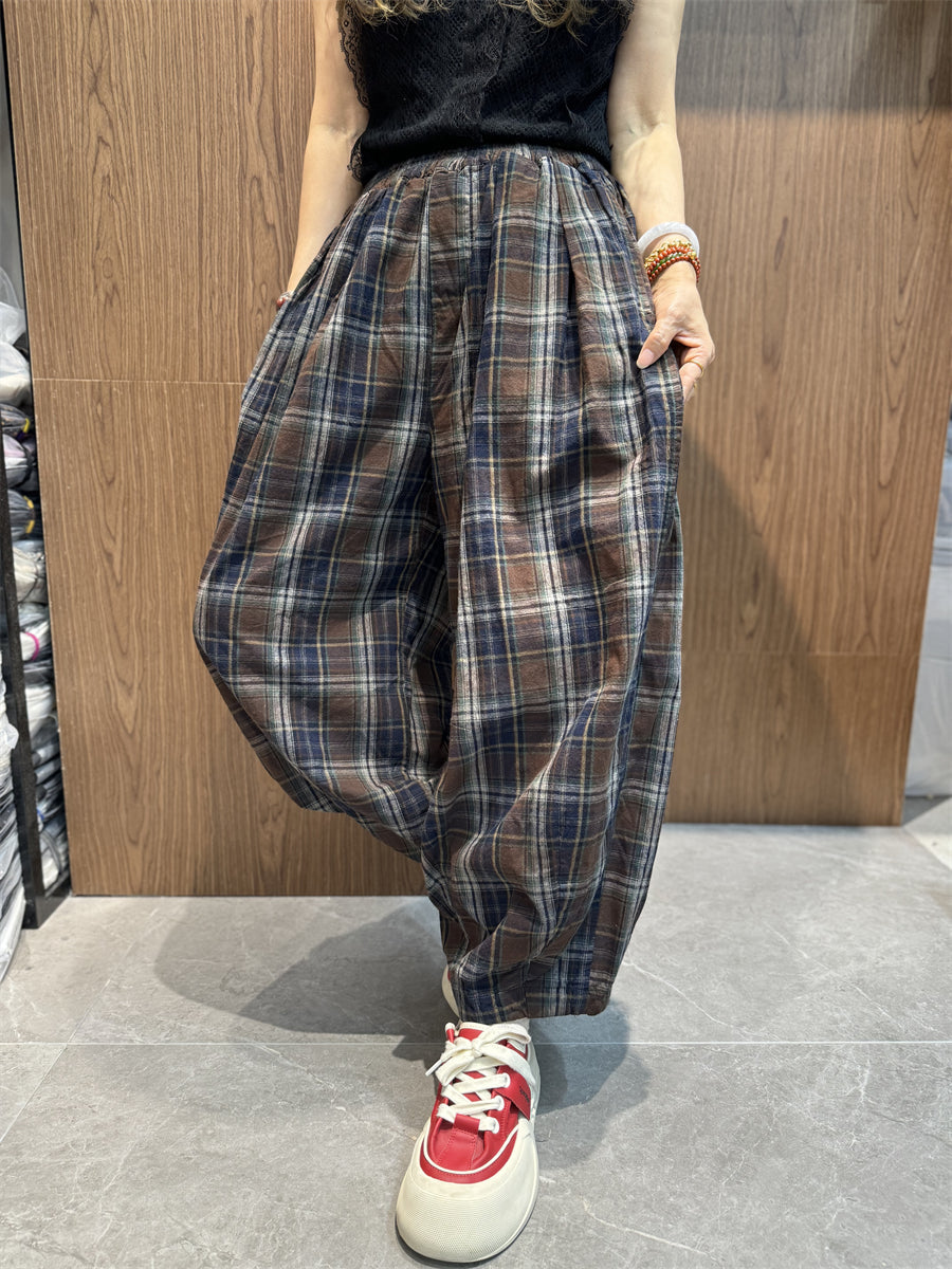 Plus Size Women Vintage Summer Plaid Cotton Linen Harem Pants SC1030 Ada Fashion