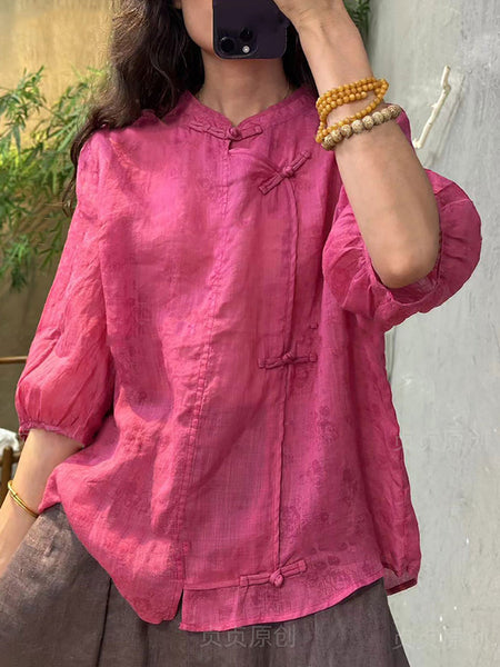 Plus Size Women Summer Solid Ethnic 100%Ramie Shirt XX1063 Ada Fashion