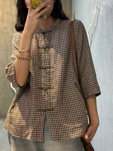 Plus Size Women Retro Plaid Summer Cotton Button-up Shirt ZZ1018 Ada Fashion