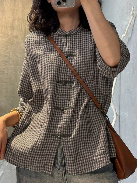 Plus Size Women Retro Plaid Summer Cotton Button-up Shirt ZZ1018 Ada Fashion