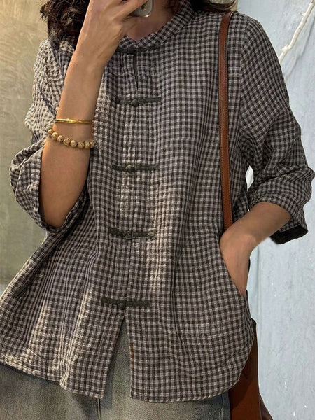 Plus Size Women Retro Plaid Summer Cotton Button-up Shirt ZZ1018 Ada Fashion