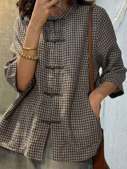 Plus Size Women Retro Plaid Summer Cotton Button-up Shirt BN1028 Ada Fashion