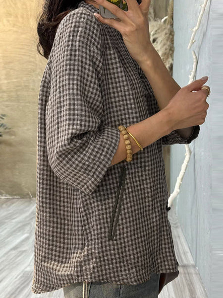 Plus Size Women Retro Plaid Summer Cotton Button-up Shirt ZZ1018 Ada Fashion