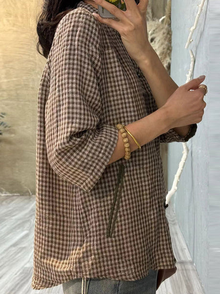 Plus Size Women Retro Plaid Summer Cotton Button-up Shirt XX1062 Ada Fashion