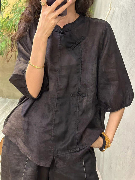 Plus Size Women Summer Solid Ethnic 100%Ramie Shirt XX1063 Ada Fashion