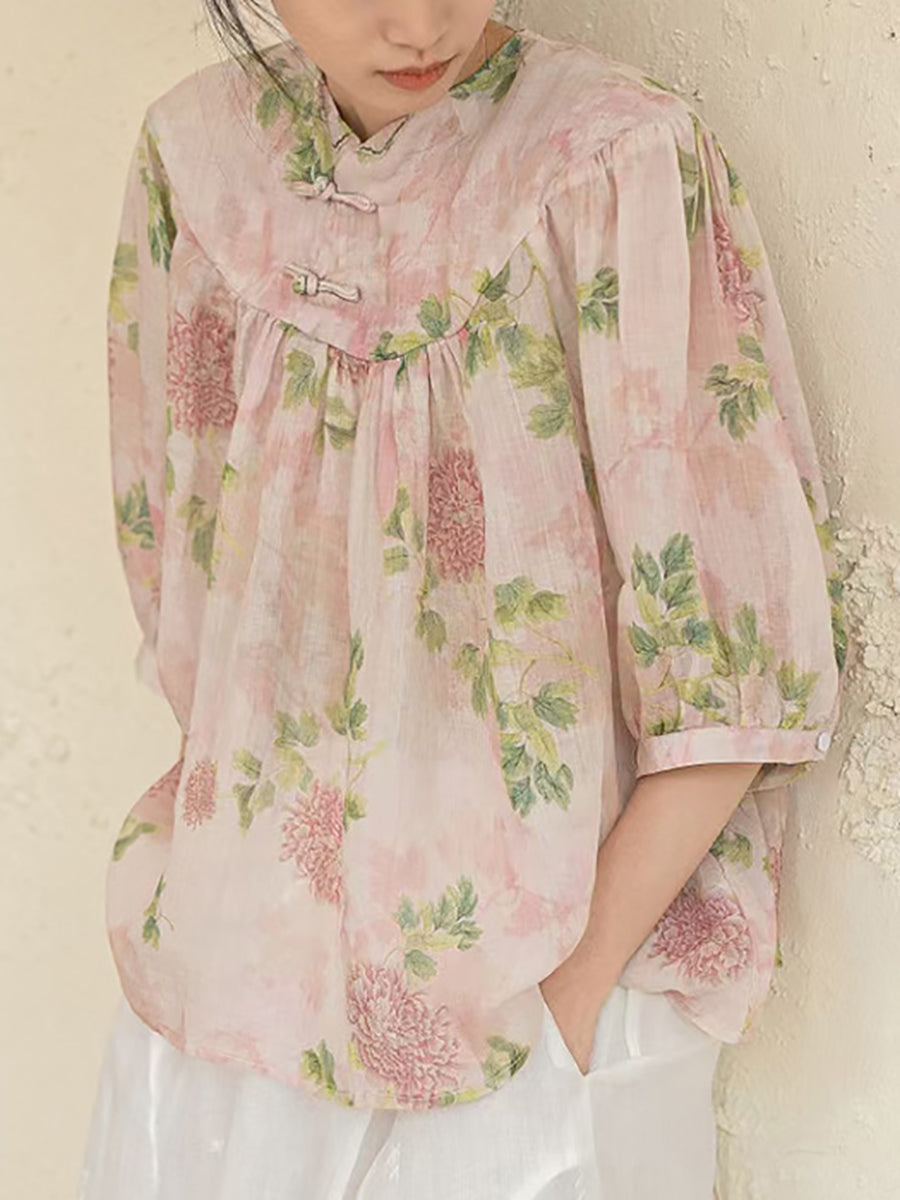 Women Summer Artsy Floral Ramie Loose Shirt XX1033 Ada Fashion