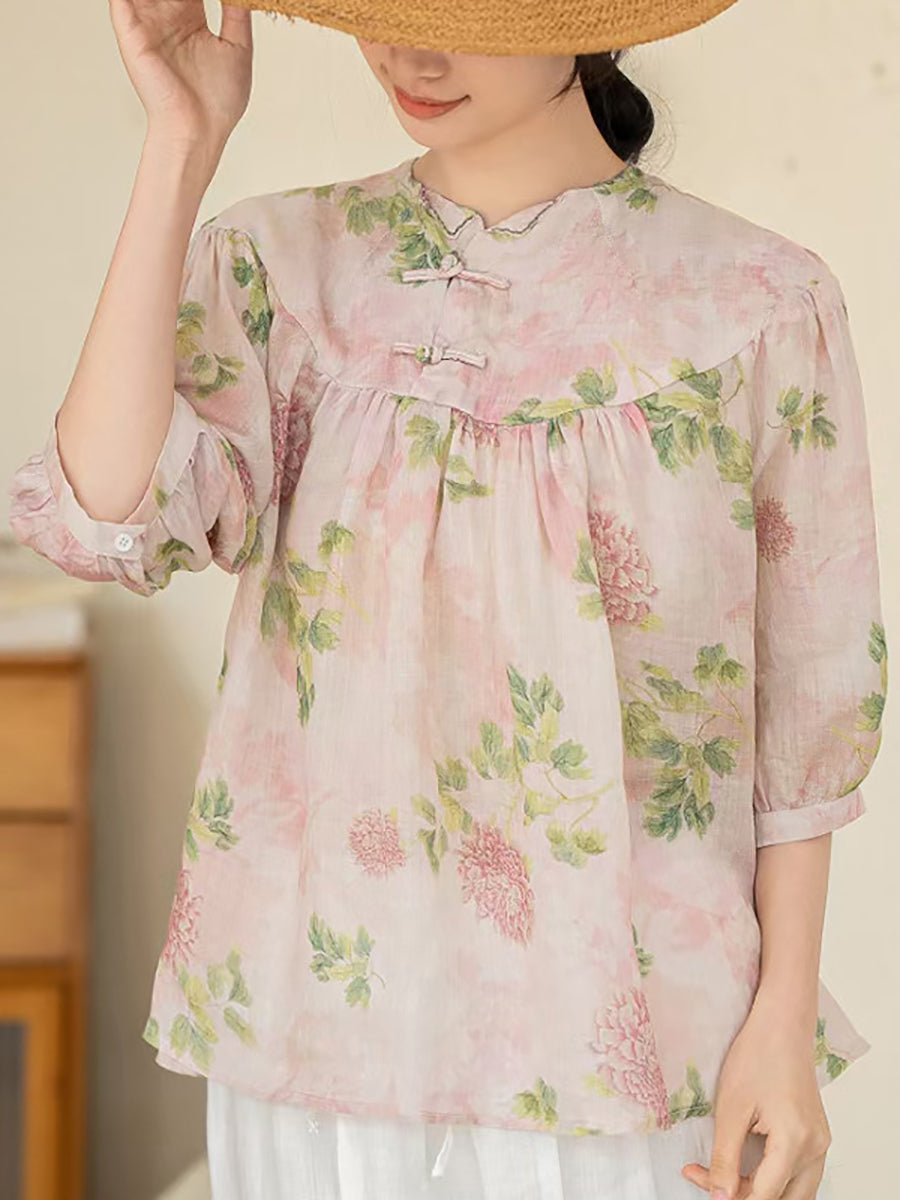 Women Summer Artsy Floral Ramie Loose Shirt XX1033 Ada Fashion