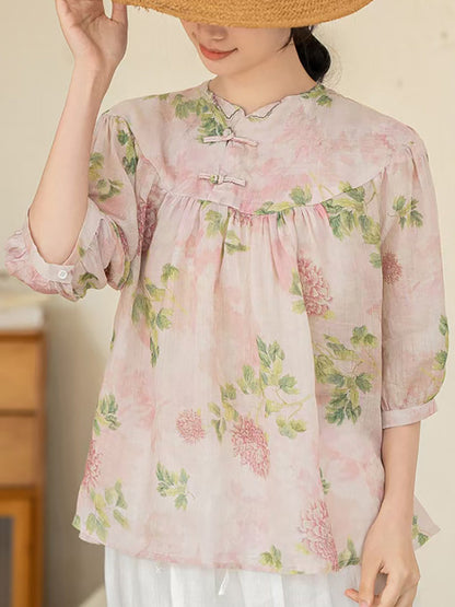 Women Summer Artsy Floral Ramie Loose Shirt XX1033 Ada Fashion