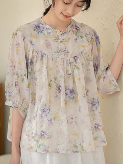 Women Summer Artsy Floral Ramie Loose Shirt XX1033 Ada Fashion