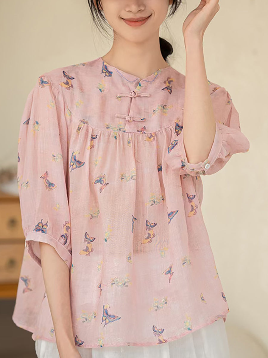 Women Summer Artsy Floral Ramie Loose Shirt XX1033 Ada Fashion