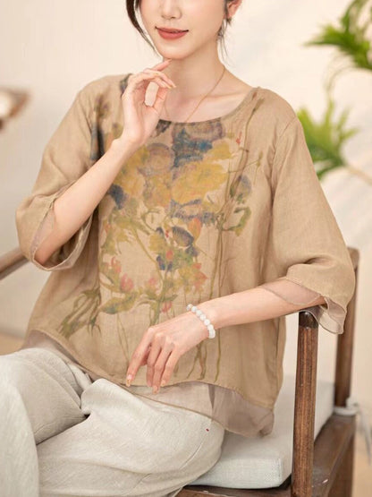 Women Summer Vintage Flower Spliced O-Neck Shirt XX1034 Ada Fashion