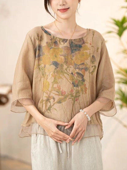 Women Summer Vintage Flower Spliced O-Neck Shirt XX1034 Ada Fashion