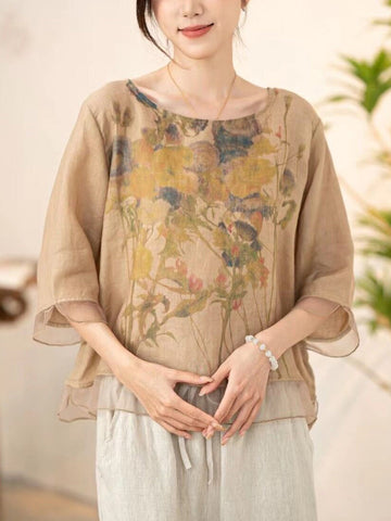 Women Summer Vintage Flower Spliced O-Neck Shirt XX1034 Ada Fashion