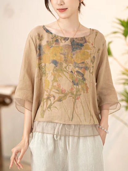 Women Summer Vintage Flower Spliced O-Neck Shirt XX1034 Ada Fashion