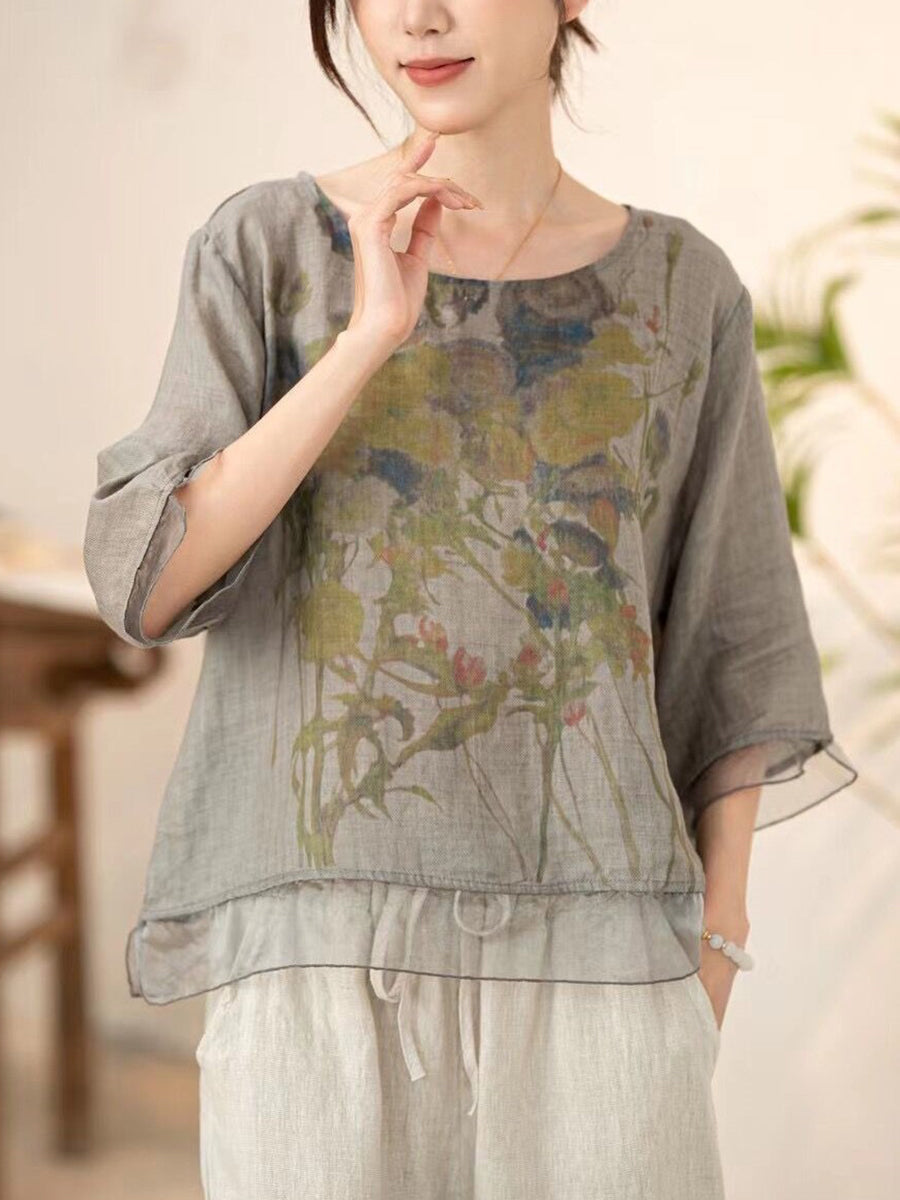 Women Summer Vintage Flower Spliced O-Neck Shirt XX1034 Ada Fashion