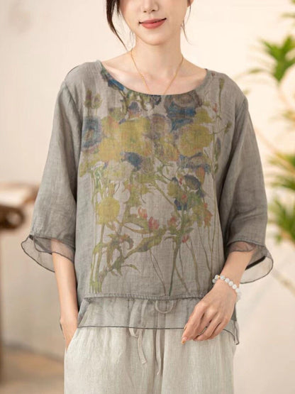 Women Summer Vintage Flower Spliced O-Neck Shirt XX1034 Ada Fashion