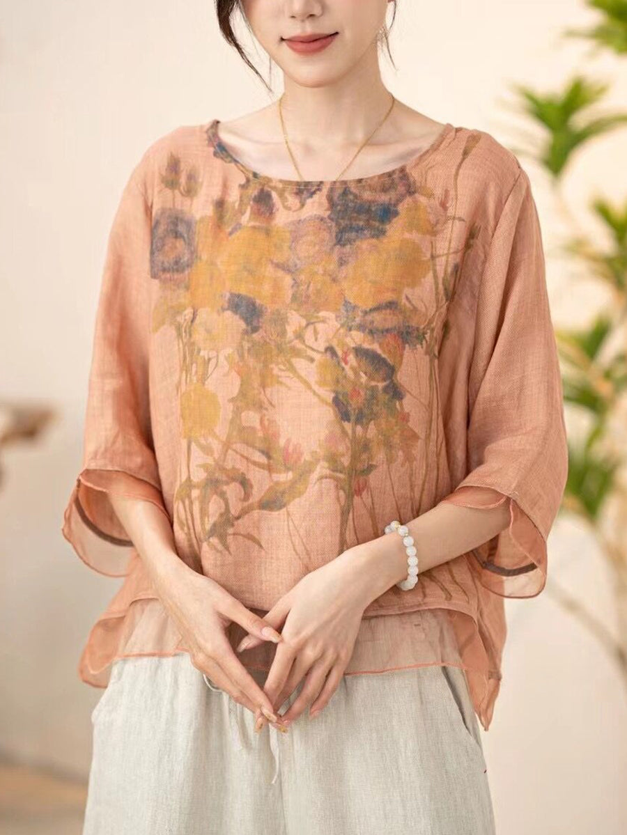 Women Summer Vintage Flower Spliced O-Neck Shirt XX1034 Ada Fashion