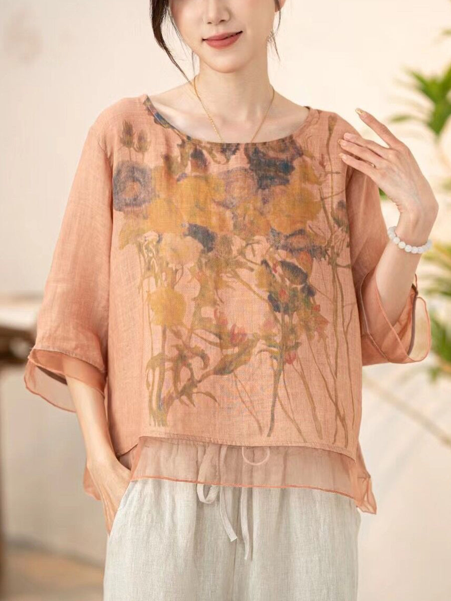 Women Summer Vintage Flower Spliced O-Neck Shirt XX1034 Ada Fashion