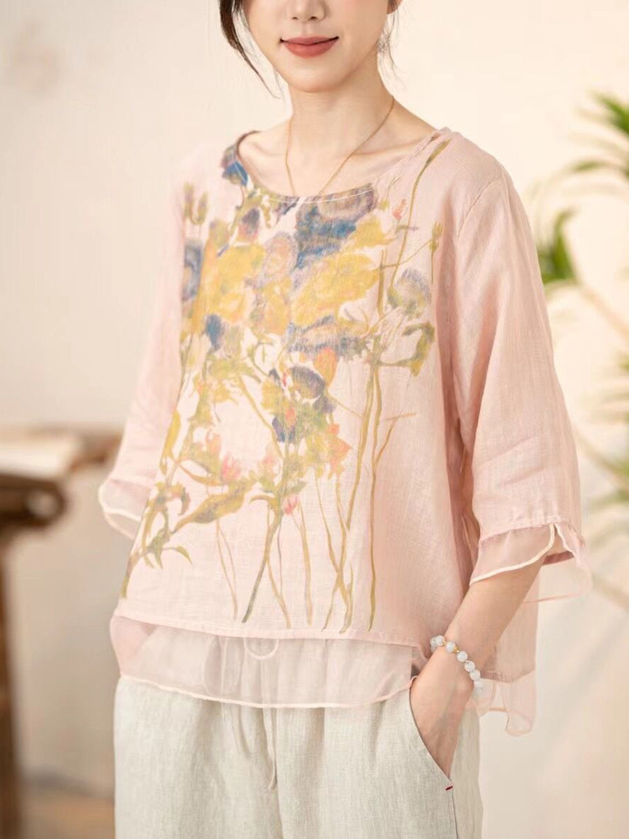 Women Summer Vintage Flower Spliced O-Neck Shirt XX1034 Ada Fashion