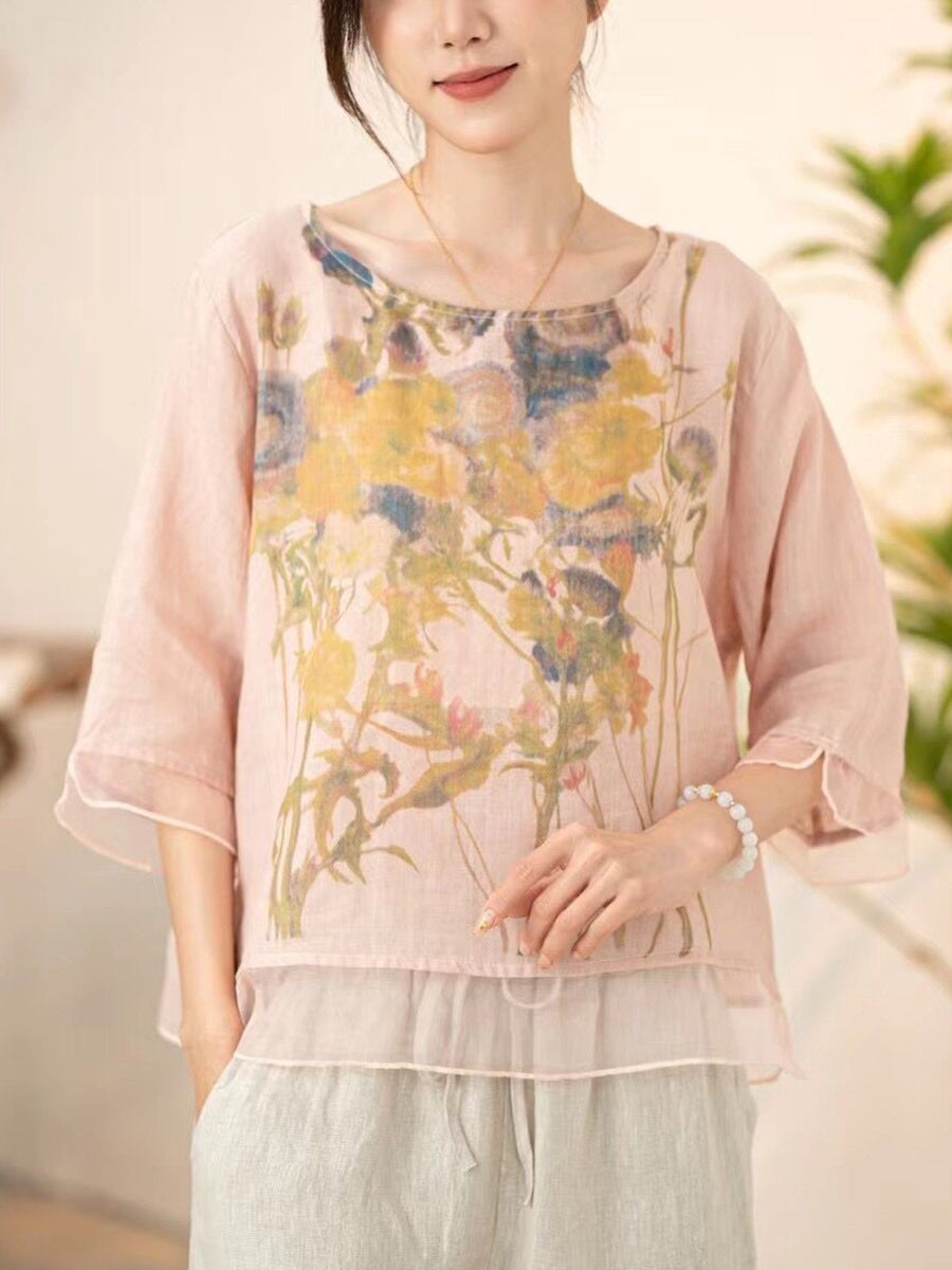 Women Summer Vintage Flower Spliced O-Neck Shirt XX1034 Ada Fashion