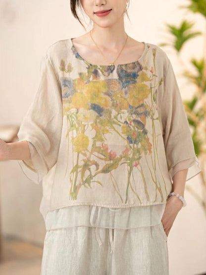 Women Summer Vintage Flower Spliced O-Neck Shirt XX1034 Ada Fashion