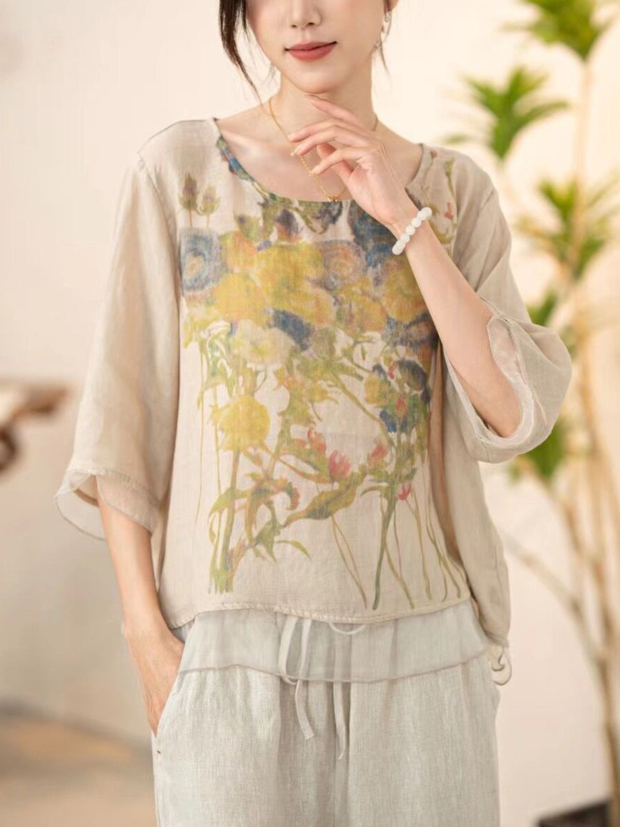 Women Summer Vintage Flower Spliced O-Neck Shirt XX1034 Ada Fashion