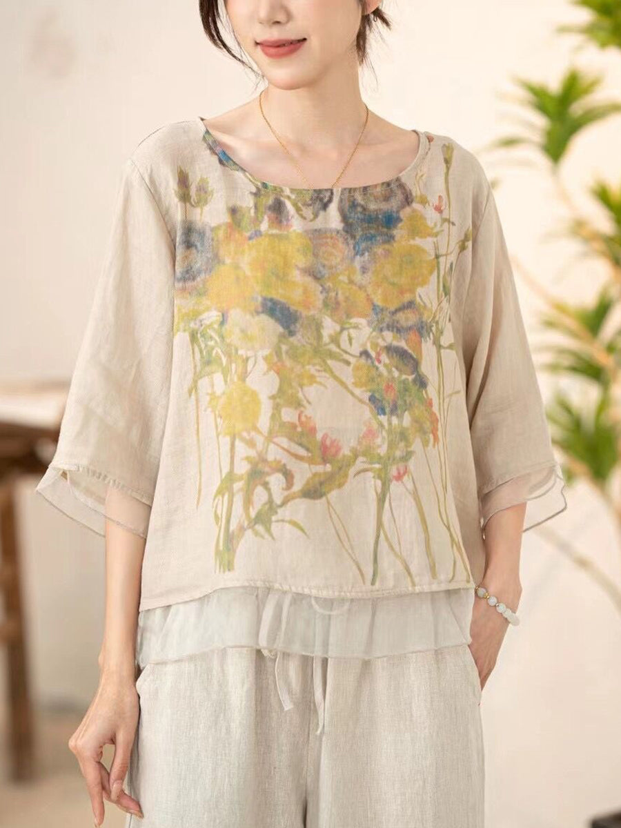 Women Summer Vintage Flower Spliced O-Neck Shirt XX1034 Ada Fashion