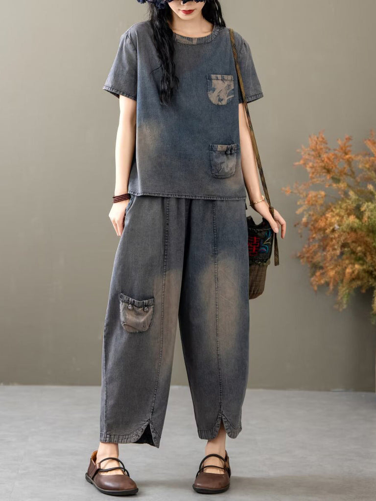 Women Summer Vintage Spliced Denim Shirt+Pants XX1035 Ada Fashion