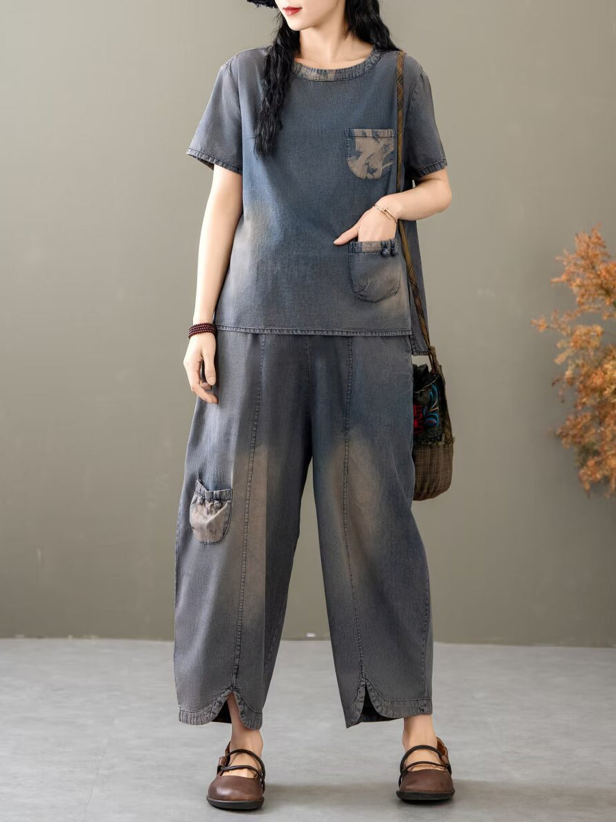 Women Summer Vintage Spliced Denim Shirt+Pants XX1035 Ada Fashion