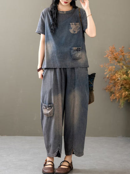 Women Summer Vintage Spliced Denim Shirt+Pants XX1035 Ada Fashion