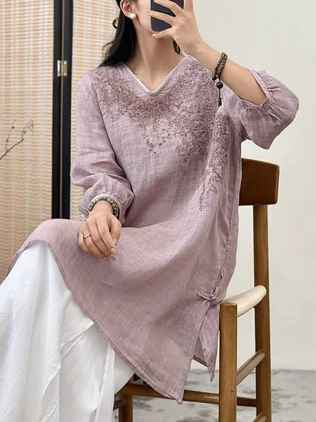 Women Summer Floral Embroidery Ramie Loose Shirt XX1036 Ada Fashion