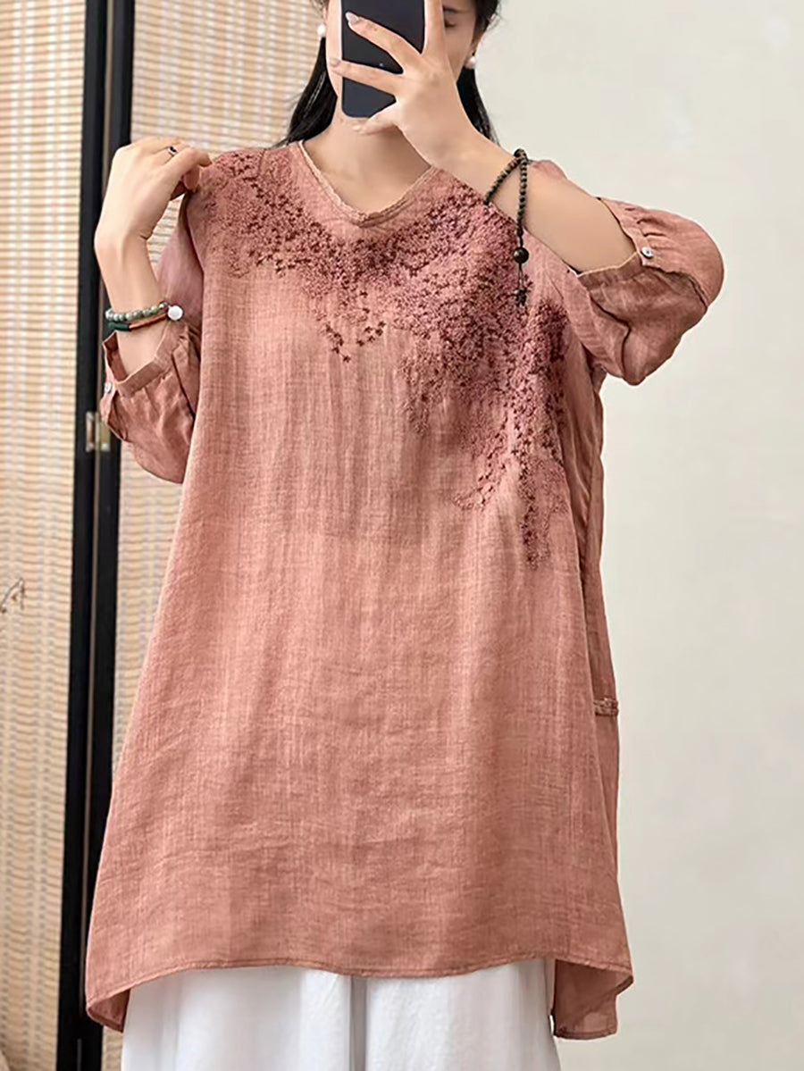 Women Summer Floral Embroidery Ramie Loose Shirt XX1036 Ada Fashion