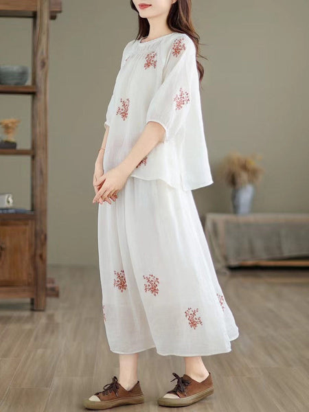 Women Artsy Summer Embroidery Ramie Shirt+Skirt XX1037 Ada Fashion